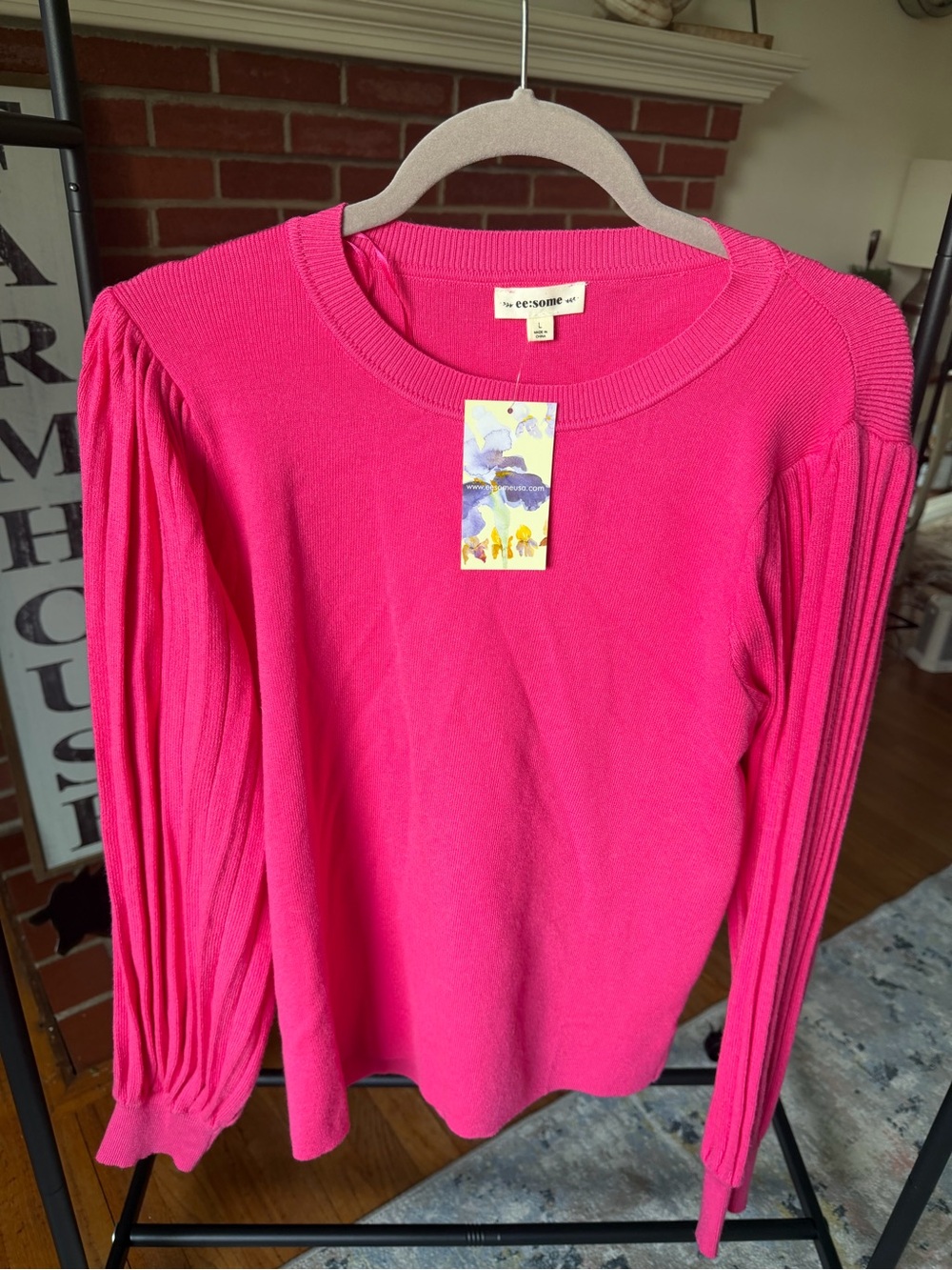 eesome Hot Pink Pleated-Sleeve Knit Sweater - New
